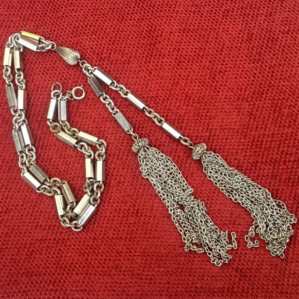 Vintage 60s Silvertone Double Tassel Necklace